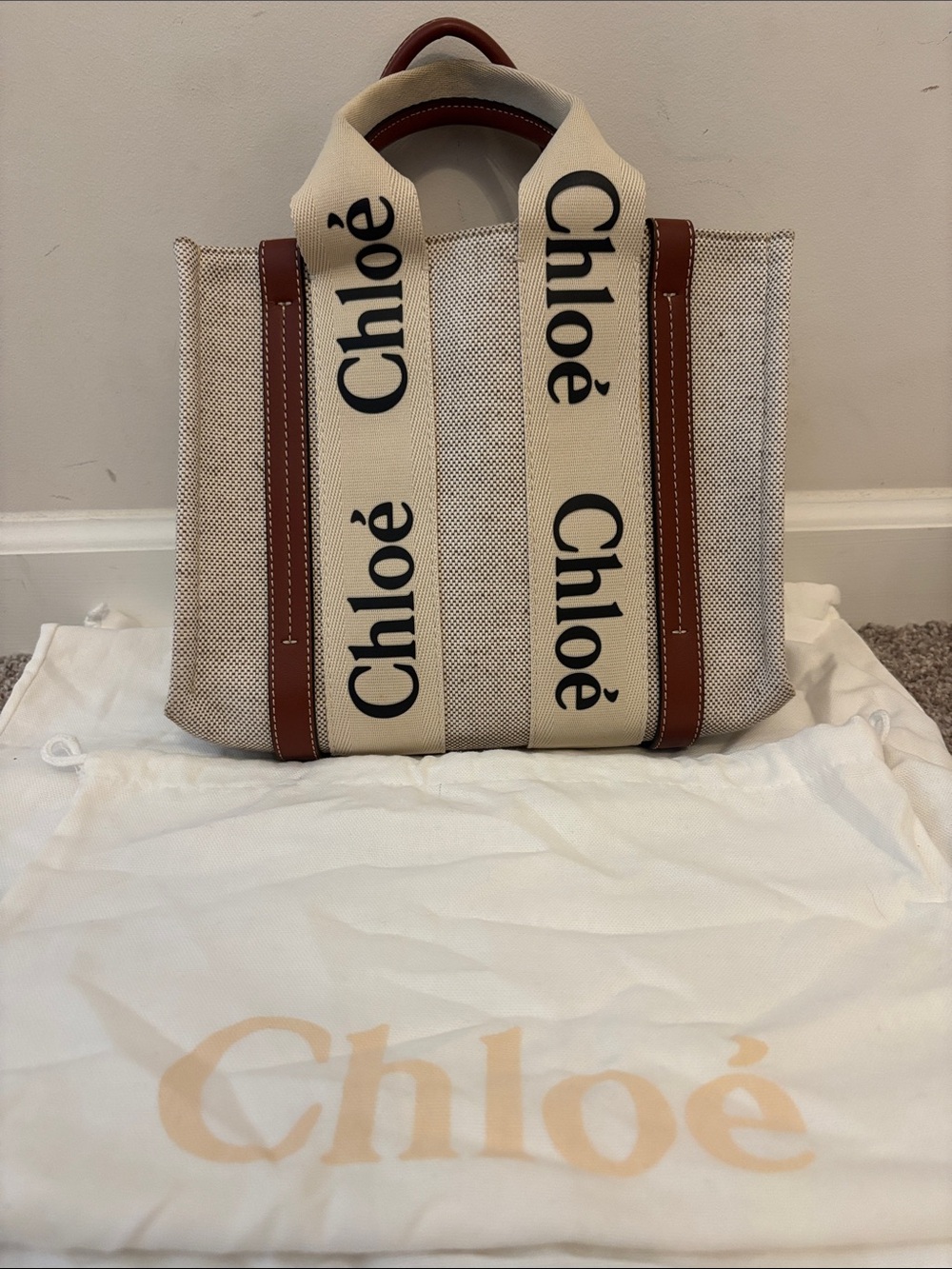Chloé Beige Canvas Tote with Brown Leather Trim and Cream Logo Straps - Picture 9 of 9
